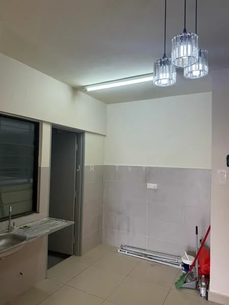 Kitchen features: single-bowl stainless-steel sink, chrome pull-down faucet, grey tiled backsplash, light beige wall tiles, light beige floor tiles, 3 pendant lights, window with horizontal blinds, countertop with stainless-steel surface, built-in cabinetry, cleaning supplies visible; style: modern.