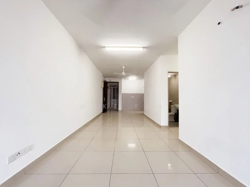 Room features: white painted walls, glossy beige floor tiles, ceiling lights, ceiling fan, open layout, neutral color scheme, no visible furniture, doorway leading to bathroom, doorway leading to another room; style: modern.