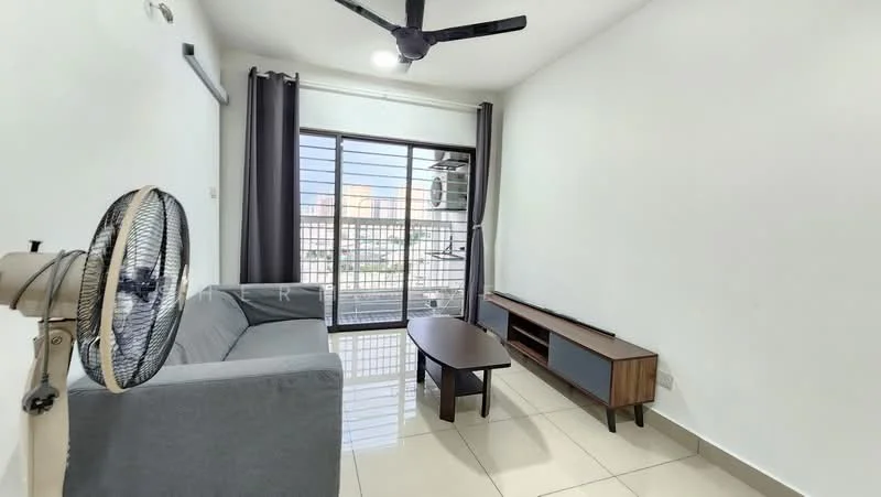 Living features: grey fabric sofa, wooden coffee table, wall-mounted TV console, floor-to-ceiling windows, blackout curtains, 1 wall-mounted split AC, ceiling fan, glossy tile flooring, white painted walls; style: modern; view: city.