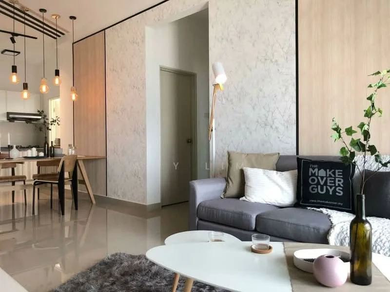 Living features: grey fabric sofa, white throw pillows, decorative cushion with text, white coffee table, area rug with fluffy texture, pendant lighting with exposed bulbs, wall-mounted light, marble accent wall, wood paneling, floor-to-ceiling windows, dining table with chairs in background, plant in ceramic pot; style: modern.