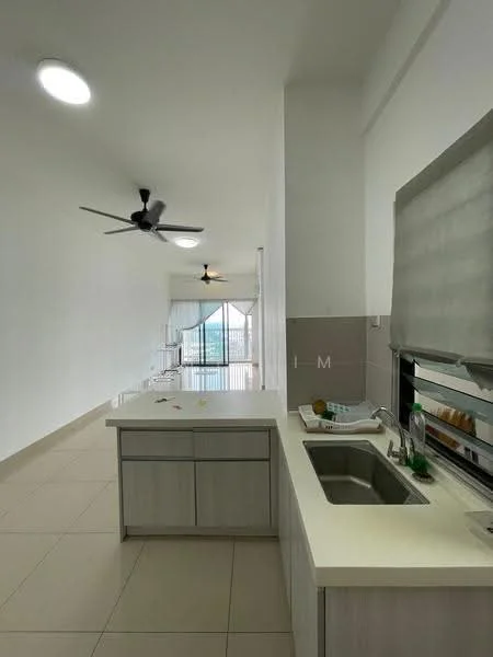 Kitchen features: white cabinets, light grey countertop, single-bowl stainless-steel sink, chrome pull-down faucet, built-in oven, 4-burner gas hob, recessed downlights, ceiling fan, large window with sheer curtains, open layout, tile flooring, pantry space; style: modern; view: city.