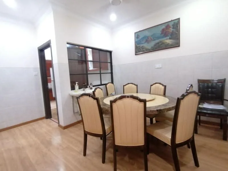 Dining features: round dining table with marble top, 8 upholstered dining chairs in beige, wooden dining chairs with dark finish, white painted walls, light wood laminate flooring, recessed ceiling lights, framed artwork on wall, window with glass panes, open doorway to adjacent room; style: modern.