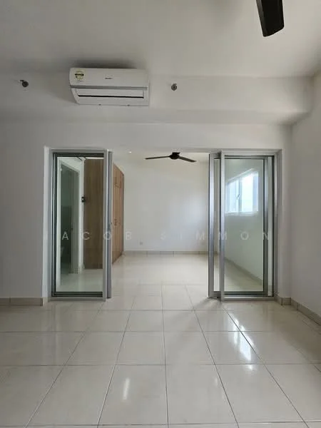 Room features: white painted walls, tile flooring, 5-blade ceiling fan, 1 wall-mounted split AC, sliding glass doors, large windows, neutral color scheme, built-in wardrobe; style: modern.