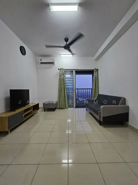 Living features: white painted walls, glossy tile flooring, 5-blade ceiling fan with light, wall-mounted air conditioning unit, sliding glass door, floor-to-ceiling windows, curtains in green, TV console in wood, flat-screen TV, sofa in grey fabric, decorative wall clock; style: modern; view: city.