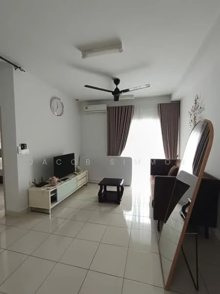 Living features: white painted walls, glossy tile flooring, 5-blade ceiling fan with light, wall-mounted TV, TV console with storage, brown fabric sofa, coffee table, large mirror, curtains, natural light from window; style: modern.