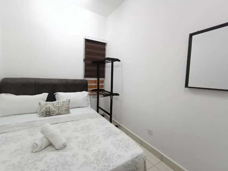 Bedroom features: queen-size bed, upholstered headboard, white bedding with decorative pillows, white painted walls, tile flooring, window with blinds, clothes rack, framed wall mirror; style: modern.