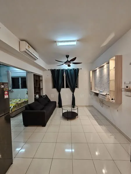 Living features: black fabric sofa, round coffee table, white walls, white tiled flooring, 5-blade ceiling fan with light, wall-mounted air conditioning unit, curtains in dark blue, built-in shelving unit, wall-mounted TV console; style: modern.