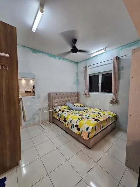 Bedroom features: queen-size bed with upholstered headboard, bedding with floral pattern, white walls with blue accent, ceiling fan, window with curtains, tile flooring, nightstand, built-in wardrobe; style: modern.