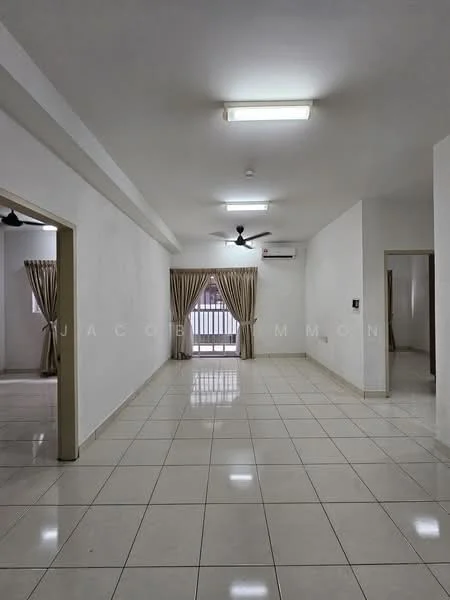 Living features: white painted walls, glossy ceramic tile flooring, 5-blade ceiling fan with light, recessed ceiling lights, floor-to-ceiling windows, sheer curtains, wall-mounted split AC, neutral color scheme; style: modern.