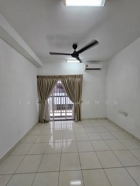 Living features: white painted walls, glossy ceramic tile flooring, 5-blade ceiling fan, wall-mounted split AC, floor-to-ceiling sliding glass door, sheer curtains, recessed ceiling lights; style: modern.