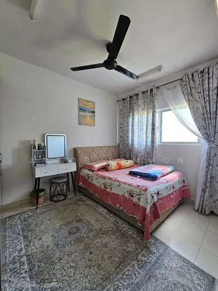 Bedroom features: queen-size bed with floral bedding, upholstered headboard, bedside table with lamp, full-length mirror, ceiling fan, curtains with floral pattern, window with sheer curtains, area rug with geometric pattern, wall-mounted artwork, light-colored walls, tile flooring; style: modern.