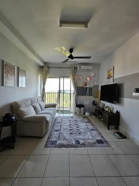 Living features: 3-seater fabric sofa in light grey, ceiling fan with light, wall-mounted TV, TV console, area rug with geometric pattern, floor-to-ceiling windows, curtains, air conditioning unit, decorative wall art, tile flooring; style: modern; view: garden.