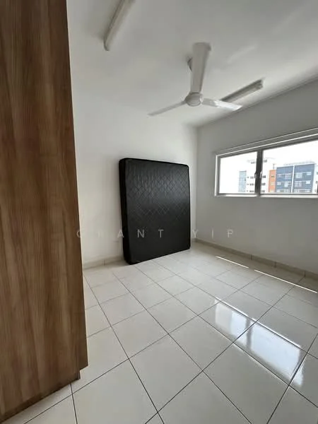 Bedroom features: white painted walls, ceiling fan, tile flooring, window with view, black mattress, wooden wardrobe, natural light from window.
