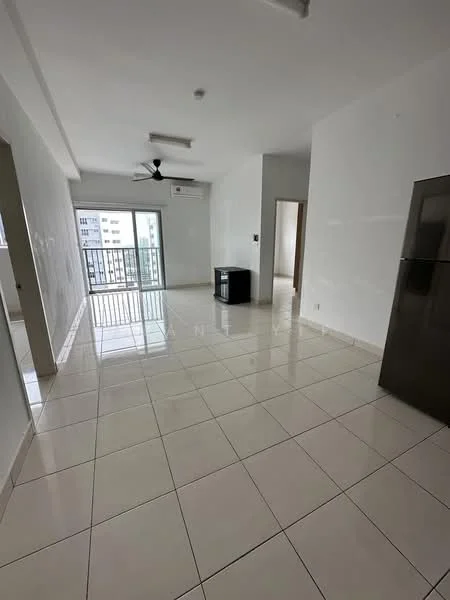 Living features: white painted walls, glossy ceramic tile flooring, 5-blade ceiling fan with light, floor-to-ceiling sliding glass door, balcony access, refrigerator, air conditioning unit, natural light from windows; style: modern; view: city.