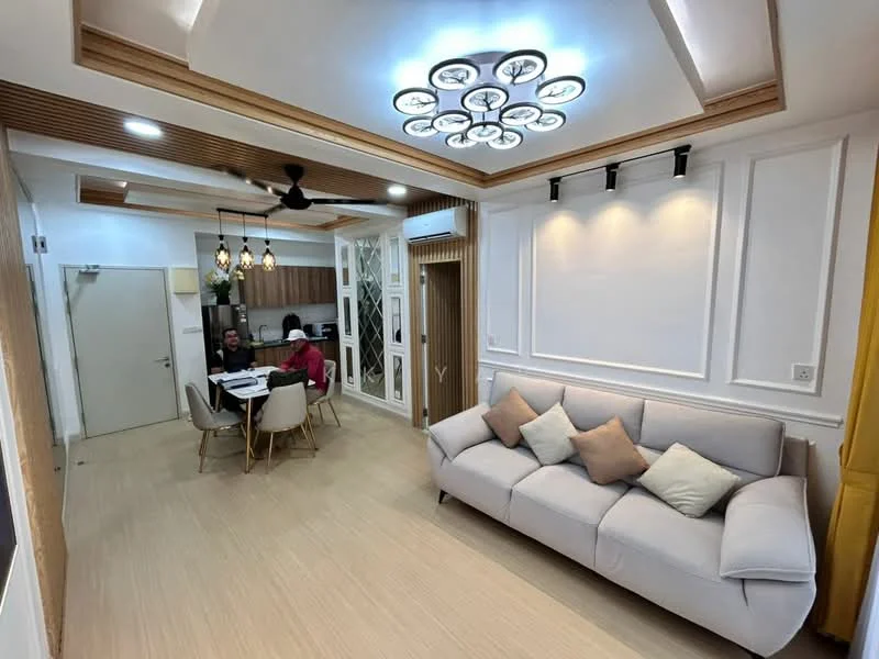 Living features: 3-seater fabric sofa in light grey, decorative cushions in beige, ceiling with recessed lighting, chandelier with multiple bulbs, wooden ceiling paneling, light wood flooring, wall-mounted TV, dining table with 4 chairs, open layout to kitchen, wall with white paneling, sliding door to kitchen area; style: modern. Kitchen features: L-shaped kitchen countertop, stainless-steel sink, built-in oven, stove with 4 burners, white cabinetry, black countertop, refrigerator, open shelving, tile backsplash; style: modern.