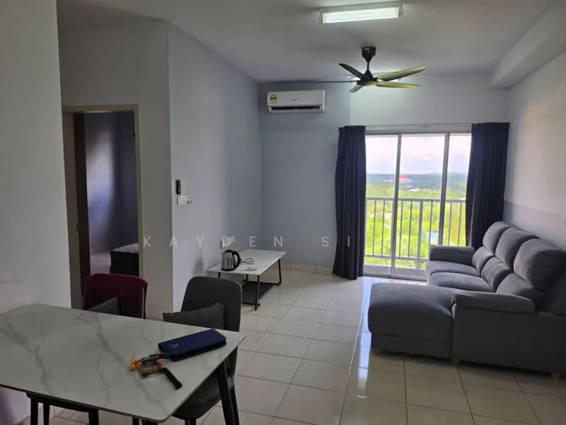 Living features: grey fabric sofa, coffee table, floor-to-ceiling sliding glass door, white walls, tile flooring, 5-blade ceiling fan with light, wall-mounted split AC, curtains, view of greenery; style: modern; view: garden. Room features: doorway leading to another room, white walls, tile flooring.