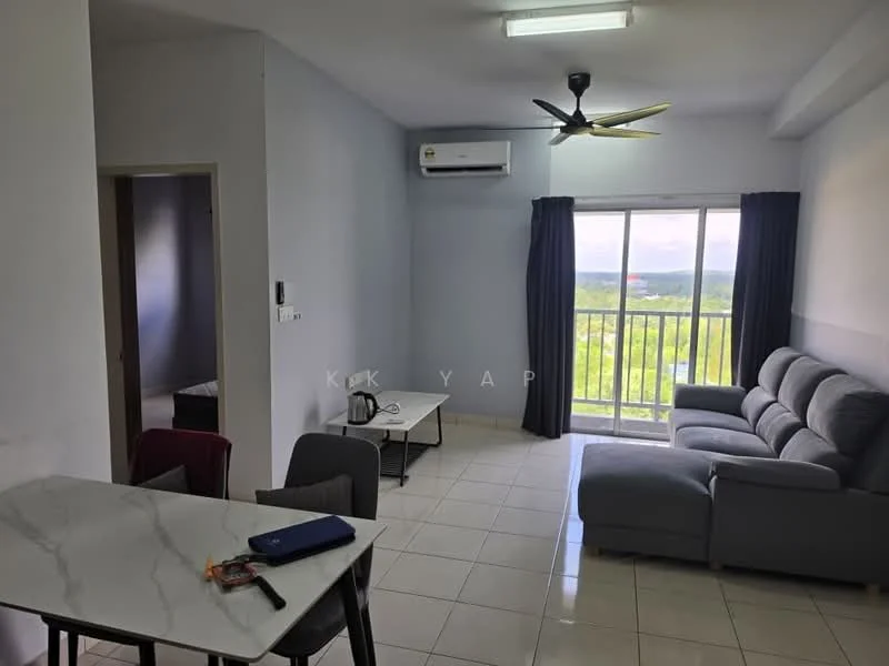 Living features: grey fabric sofa, coffee table, floor-to-ceiling windows, sliding glass door, white painted walls, tile flooring, 5-blade ceiling fan with light, wall-mounted split AC, curtains, area rug; style: modern; view: garden. Room features: white painted walls, tile flooring.