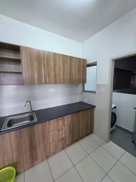 Kitchen features: laminate cabinetry in wood finish, black countertop, single-bowl stainless-steel sink, chrome faucet, mirror above sink, tile backsplash, ceramic tile flooring, open shelving, built-in washing machine, wall-mounted cabinet, under-cabinet lighting; style: modern.