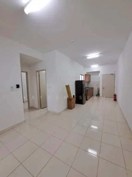 Room features: white painted walls, glossy white floor tiles, ceiling lights, open layout, kitchen cabinetry, black refrigerator, doorway to adjacent rooms, fire extinguisher, empty space, no visible furniture; style: modern.