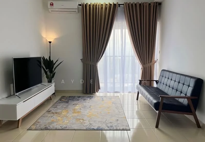 Living features: 3-seater fabric sofa in navy blue, TV console in white with wooden legs, wall-mounted TV, area rug with floral pattern, floor lamp, potted plant, curtains in beige, sliding glass door, glossy tile flooring, recessed ceiling lights; style: modern.