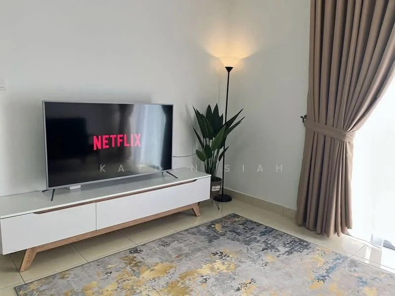 Living features: flat-screen TV on white media console, white media console with wooden legs, area rug with abstract pattern in yellow and grey, floor lamp with black base, curtains in light brown, potted plant, cream painted walls, tiled flooring; style: modern.