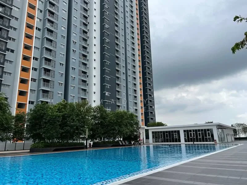 Exterior type: high-rise condominium; features: tall residential building, glass curtain wall, grey and orange facade, infinity pool, pool deck with loungers, landscaped garden with trees, covered pavilion, manicured lawn; style: modern.