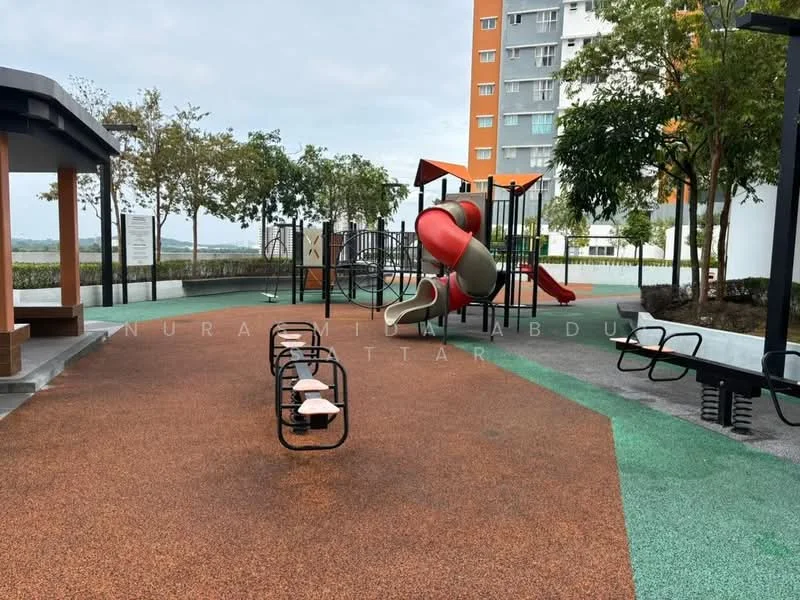 Exterior type: landscape garden; features: playground equipment, rubberized safety flooring, green grass area, benches, walking path, trees, play structure with slides, climbing frame, seating area, landscaped garden; style: modern.