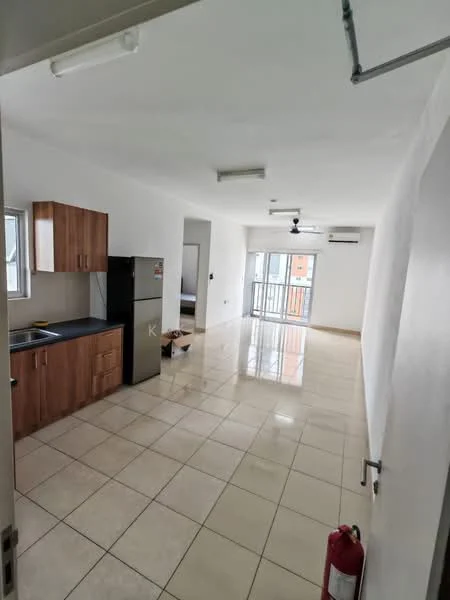 Kitchen features: wood cabinetry, black countertop, stainless-steel fridge, single-bowl stainless-steel sink, chrome pull-down faucet. Living features: glossy tile flooring, white painted walls, ceiling lights, sliding glass door, air conditioning unit.