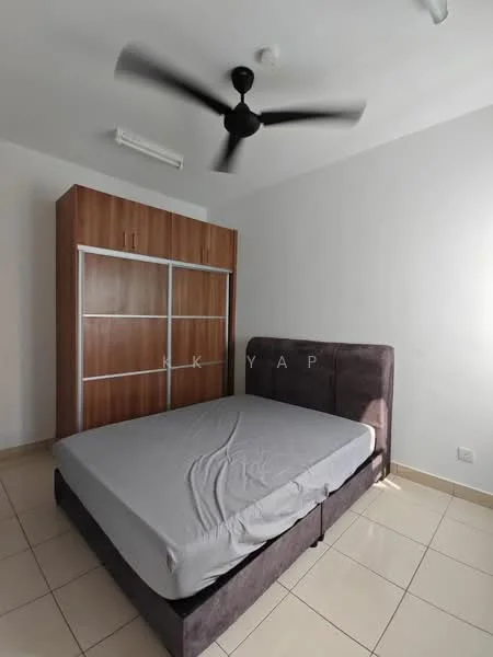 Bedroom features: queen-size bed, upholstered headboard, ceiling fan, built-in wardrobe with sliding doors, white painted walls, cream tiled flooring, natural light from window, minimalist decor; style: modern.