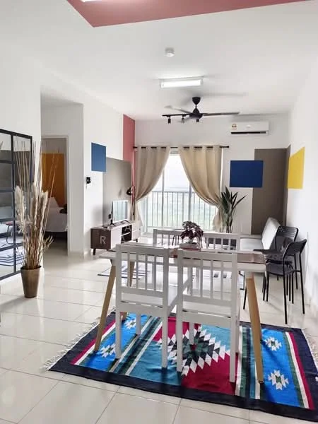 Living features: white painted walls, tile flooring, 5-blade ceiling fan with light, floor-to-ceiling windows, sheer curtains, sofa with cushions, coffee table, TV console, decorative plants, area rug with geometric pattern, wall-mounted TV, decorative wall art; style: modern; view: city. Room features: open layout, natural light, neutral color palette.