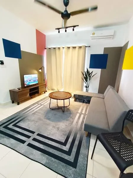 Living features: grey fabric sofa, round coffee table, area rug with geometric pattern, wall-mounted TV, wooden TV console, 5-blade ceiling fan with light, curtains, decorative houseplant, accent wall with red, blue, and grey panels, white painted walls, tile flooring, air conditioning unit; style: modern.