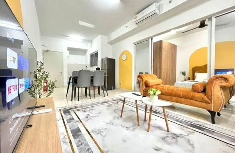 Living features: 3-seater fabric sofa in orange, coffee table, TV console, wall-mounted TV, area rug with marble pattern, recessed downlights, wall-mounted air conditioning unit, decorative plant in ceramic pot, decorative wall clock; style: modern. Dining features: 4-seater dining table, grey upholstered dining chairs, open shelving unit, kitchenette visible in background; style: modern. Bedroom features: queen-size bed, upholstered headboard, built-in wardrobe, bedside table, decorative wall, window with natural light; style: modern.