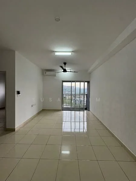 Living features: white painted walls, glossy ceramic tile flooring, 5-blade ceiling fan with light, floor-to-ceiling sliding glass door, balcony access, air conditioning unit, recessed ceiling lights; style: modern; view: city.