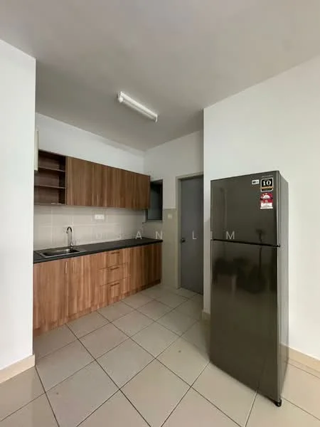 Kitchen features: wood cabinetry, stainless-steel sink, chrome pull-down faucet, ceramic tile backsplash, built-in oven, freestanding fridge, countertop space, tile flooring, fluorescent ceiling light; style: modern.
