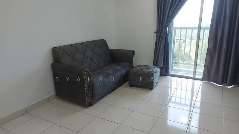 Living features: 2-seater fabric sofa in grey, ottoman in grey, white painted walls, glossy ceramic tile flooring, floor-to-ceiling window, sheer curtains in grey, natural light from window; style: modern; view: garden.