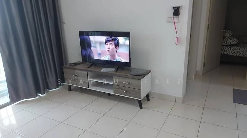 Living features: white painted walls, glossy ceramic tile flooring, floor-to-ceiling windows, grey curtains, TV on wooden console, wooden console with drawers, decorative items on console, area rug, sofa in background; style: modern.