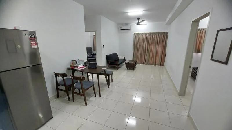 Living features: white painted walls, ceramic tile flooring, 5-blade ceiling fan with light, sofa in dark fabric, wooden coffee table, 2 dining chairs, dining table, stainless-steel fridge, curtains in beige, wall-mounted air conditioning unit; style: modern. Room features: white painted walls, ceramic tile flooring.