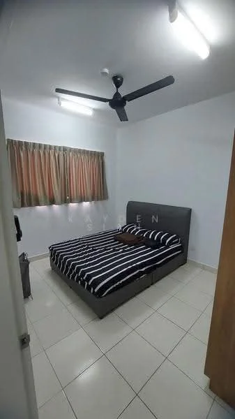 Bedroom features: queen-size bed with grey upholstered headboard, striped bedding, 2 bedside pillows, ceiling fan with 3 blades, white painted walls, tile flooring, window with sheer curtains, built-in wardrobe with wooden doors; style: modern.