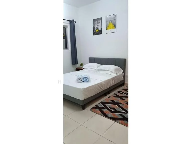 Bedroom features: queen-size bed, upholstered headboard, white bedding, two blue towels, decorative area rug with geometric pattern, framed artwork on walls, curtains on window, tile flooring; style: modern.