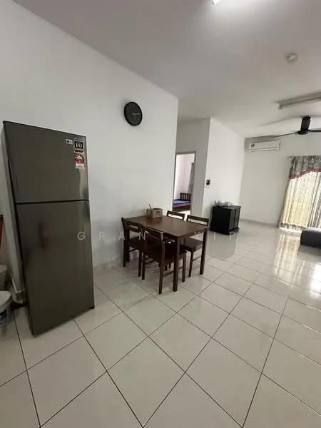 Dining features: 4-seater dining table, wooden dining chairs, stainless-steel fridge, white painted walls, ceramic tile flooring, ceiling fan, wall clock, curtains with floral pattern, air conditioning unit; style: modern. Living features: sofa, coffee table, TV console, ceramic tile flooring, white painted walls, ceiling fan, curtains with floral pattern, air conditioning unit; style: modern.