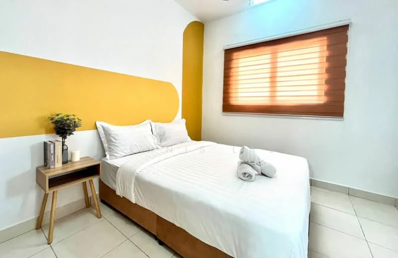 Bedroom features: queen-size bed with white bedding, wooden bedside table, decorative plant on bedside table, two white candles on bedside table, striped wall with yellow accent, brown window blinds, floor tiles in light color, recessed ceiling lights; style: modern.