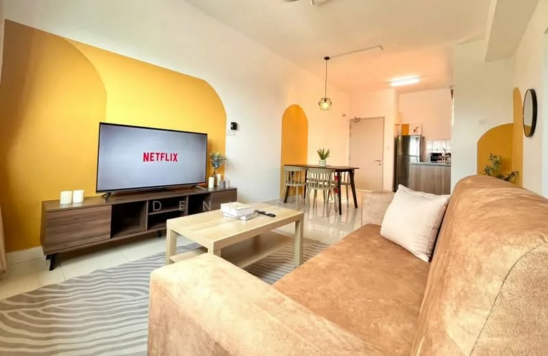 Living features: beige fabric sofa, coffee table, TV console, wall-mounted TV, decorative wall with yellow accents, area rug with striped pattern, pendant light fixture, floor-to-ceiling windows, dining table with chairs, open layout to kitchen, plant decoration; style: modern.