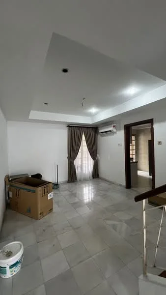 Living features: white painted walls, marble flooring, tray ceiling, recessed downlights, floor-to-ceiling windows, curtains, 1 wall-mounted split AC, cardboard boxes, paint bucket, staircase, doorway to another room; style: modern.
