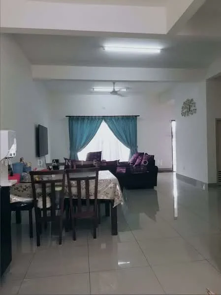 Living features: white painted walls, glossy ceramic tile flooring, 5-blade ceiling fan with light, large window with sheer curtains, sofa in dark purple fabric, dining table with floral tablecloth, 4 dining chairs, wall-mounted TV, decorative wall clock, area rug, light fixtures on ceiling; style: modern.