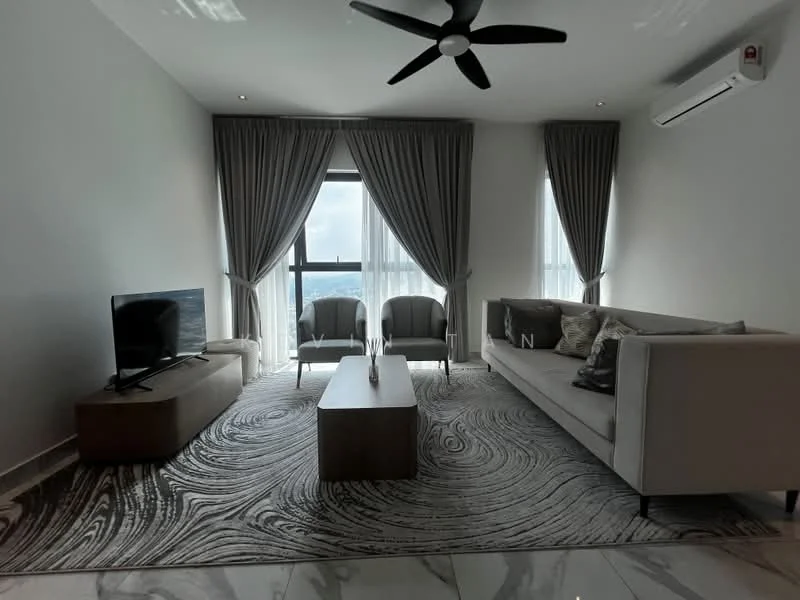 Living features: 3-seater fabric sofa in light grey, 2 accent chairs in grey, wooden coffee table, TV console, wall-mounted TV, area rug with abstract pattern, floor-to-ceiling windows, grey curtains, recessed downlights, 5-blade ceiling fan, wall-mounted split AC, marble flooring; style: modern; view: city.