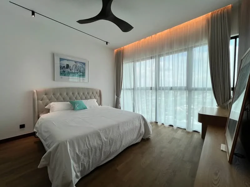Bedroom features: king-size bed with upholstered headboard, white bedding, wooden flooring, floor-to-ceiling windows, sheer curtains, recessed LED downlights, 5-blade ceiling fan, decorative wall art, wooden dresser, wall-mounted mirror; style: modern; view: city.