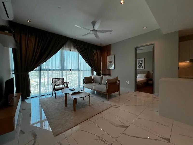 Living features: marble tile flooring, floor-to-ceiling windows, sheer curtains, 5-blade ceiling fan with light, sofa, coffee table, area rug, TV console, decorative wall art, wall-mounted TV, recessed downlights, wooden accent wall; style: modern; view: city. Room features: bed visible in background, doorway leading to another room.