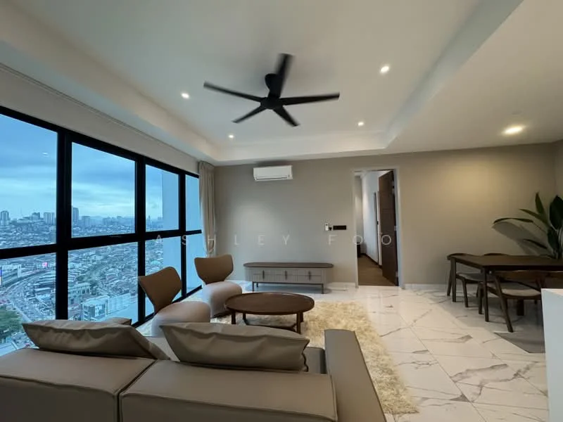 Living features: 5-blade ceiling fan with light, floor-to-ceiling windows, grey painted walls, marble tile flooring, recessed downlights, L-shape sectional sofa in beige, round coffee table, area rug, dining table with chairs, air conditioning unit; style: modern; view: city.