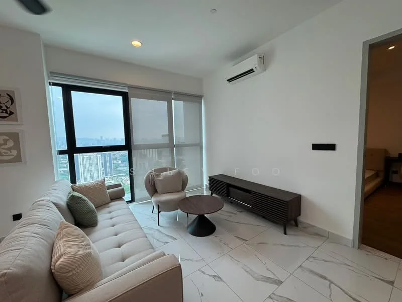 Living features: 3-seater fabric sofa in light grey, round coffee table, wall-mounted TV, TV console with storage, floor-to-ceiling windows, city view, marble tile flooring, recessed downlights, wall-mounted split AC; style: modern; view: city.
