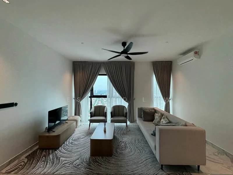Living features: 3-seater fabric sofa in light beige, 2 armchairs in light beige, wooden coffee table, TV console, wall-mounted TV, area rug with abstract pattern, floor-to-ceiling windows, sheer curtains, 5-blade ceiling fan with light, wall-mounted split AC, decorative throw pillows, decorative artwork on wall; style: modern; view: city.